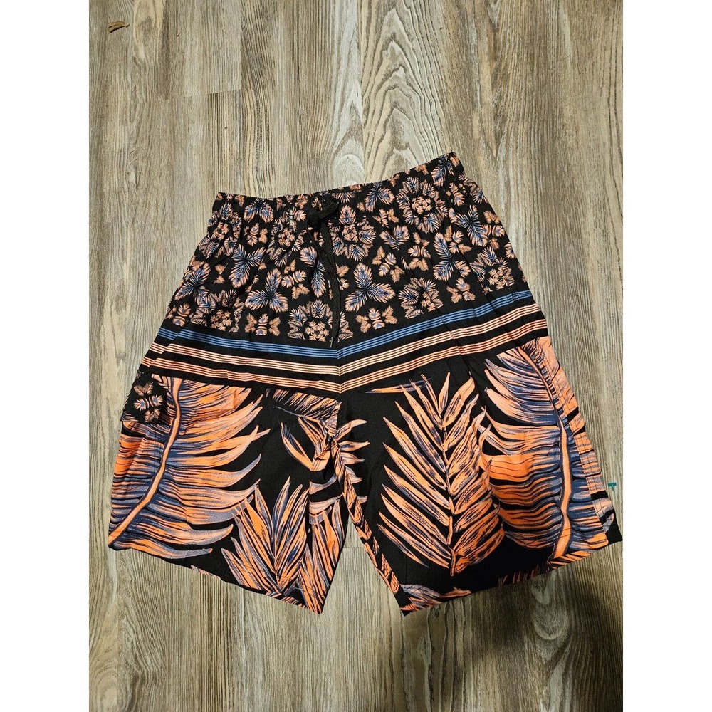 RS Surf Men's Board Swim Trunks Shorts Black/Orange/Purple Leaf Pattern Size L
